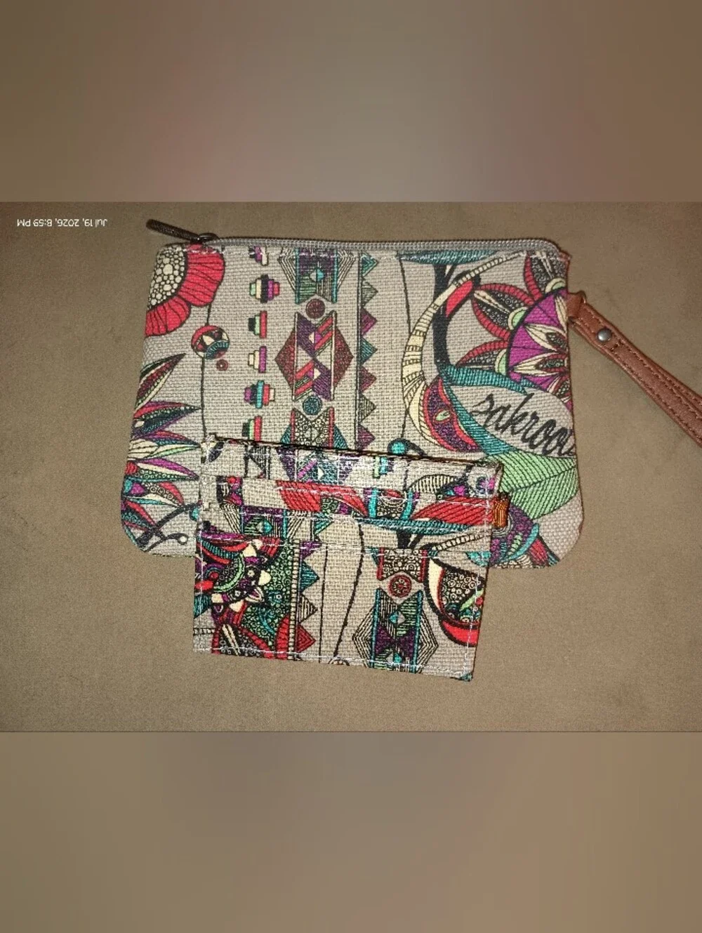Sakroots Beige Floral Zip Pouch And Wallet Combo with Teal, Red & Pink Accents